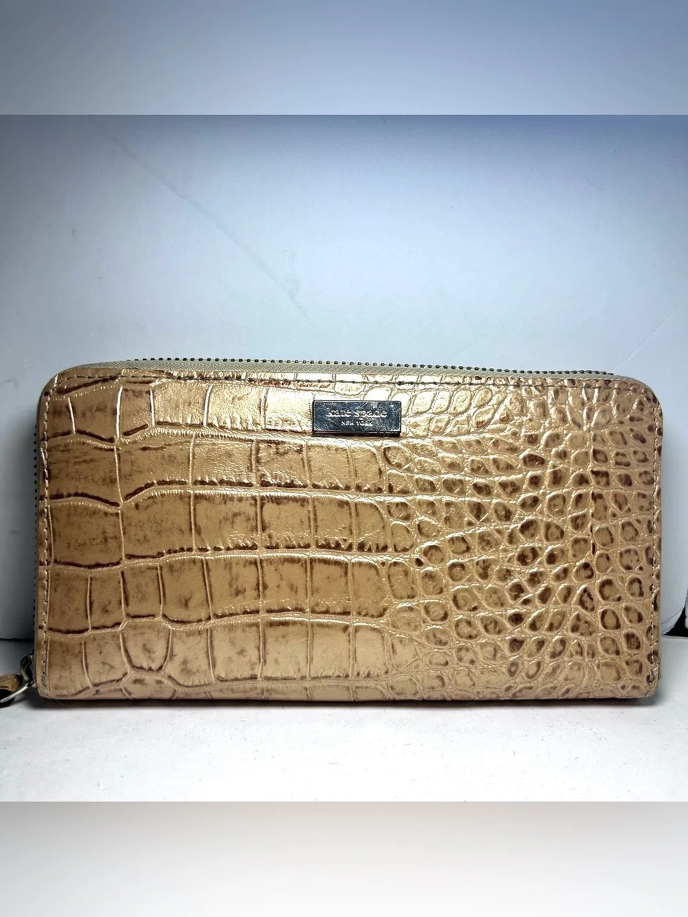 Kate Spade New York Gold Metallic Crocodile Embossed Leather Zip Around Wallet
